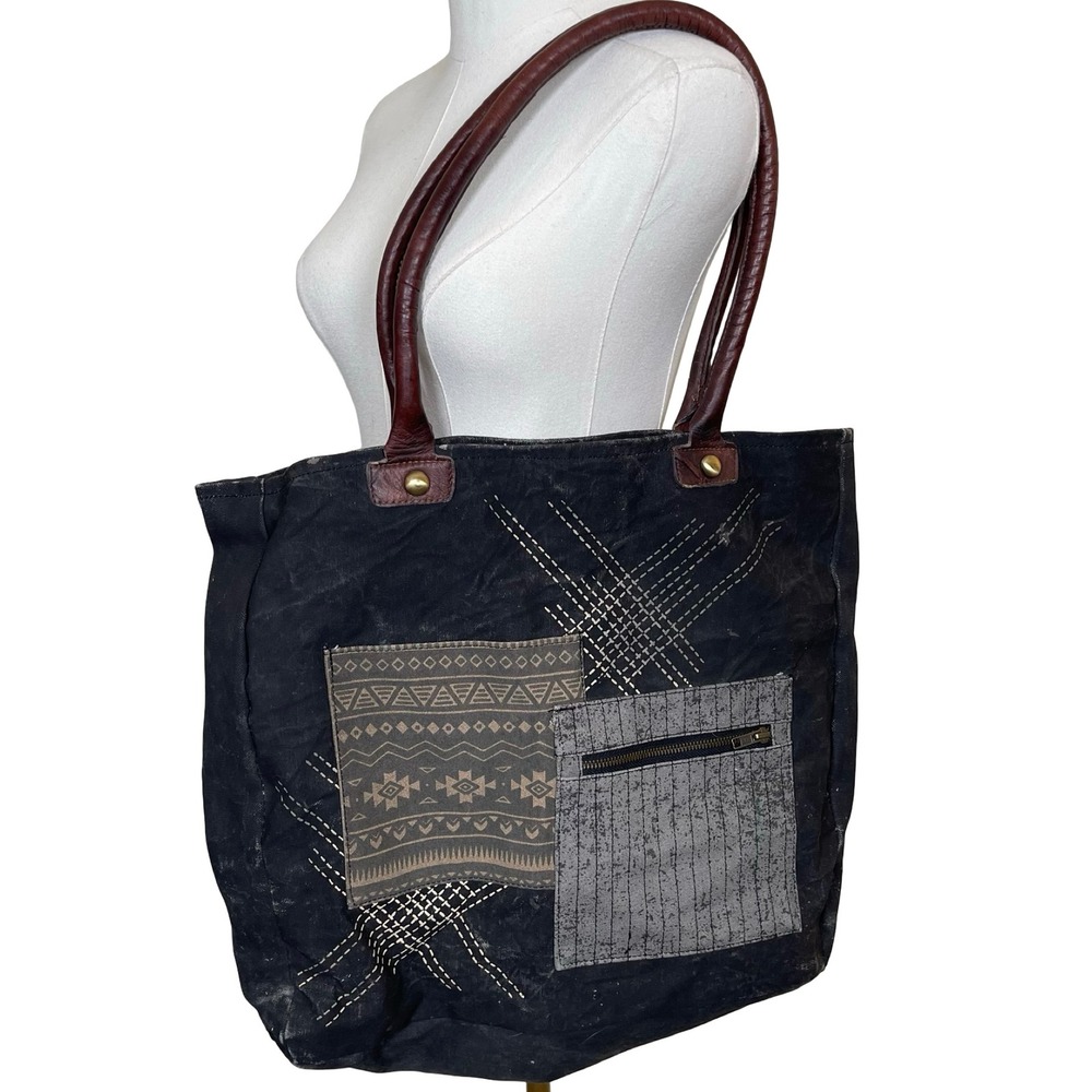 Mona B Tote Bag Black Canvas Leather Straps Patchwork Tribal Zipper‎ Distressed